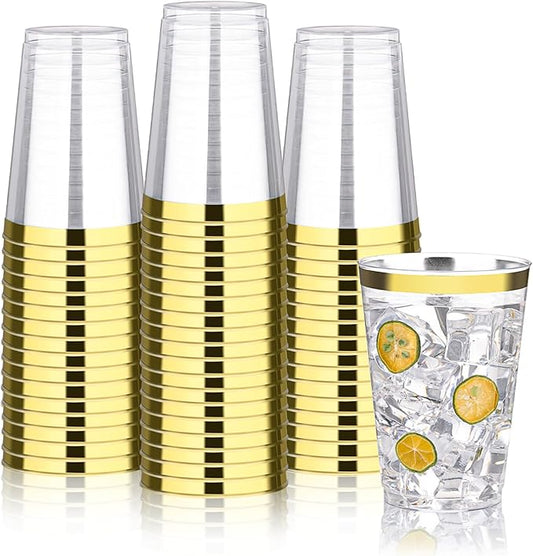 BESTVIP 12oz Gold Plastic Cups, 100 Pack Gold Rimmed Disposable Cups, Heavy-duty Party Cocktail Glasses, Plastic Cups for Party, Holiday, Christmas, Wedding and Birthday