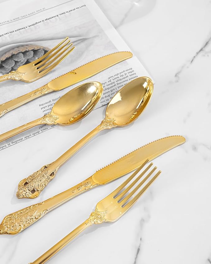 bUCLA HEAVYWEIGHT 300PCS Gold Plastic Silverware Disposable - Extra Heavy Duty Plastic Cutlery - Gold Disposable Utensils Set - Include 100 Knives, 100 Forks, 100 Spoons for Party & Special Moments
