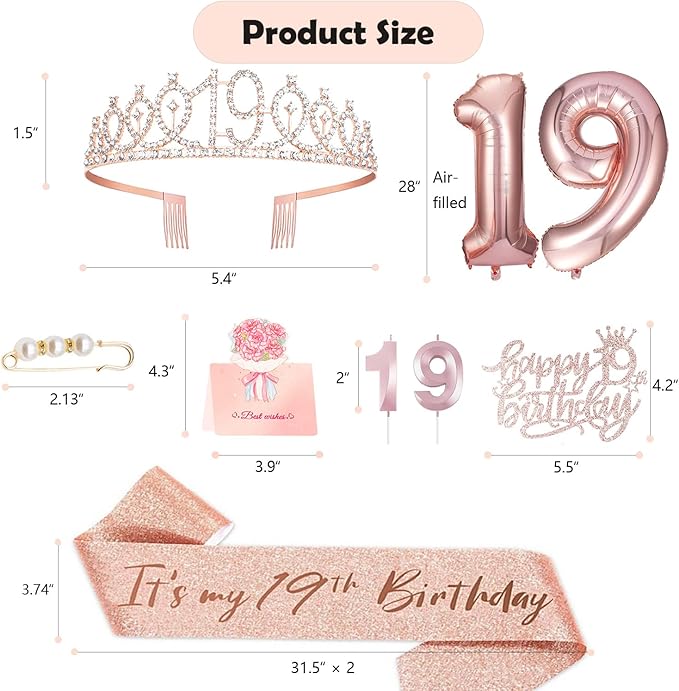 19th Birthday Decorations for Girl, 19th Birthday Sash and Crown, Cake Topper, Number Candles and Balloons, 19 Year Old Gifts for Girls