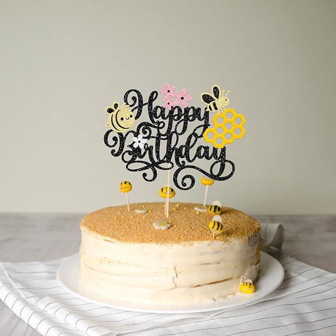 1 Pack Happy Bee Day Cake Topper Bumble Bee Happy Birthday Cake Decoration for Bee Theme Baby Shower Kids Boys Girls Birthday Party Cake Decorations Supplies Black