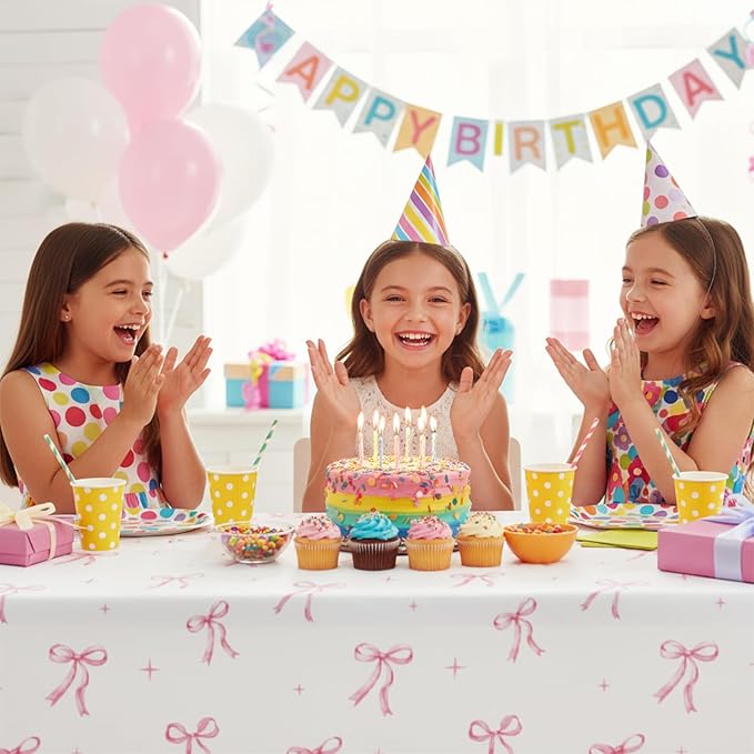 Oigco 2 Pcs Pink Bow Tablecloth, Coquette Birthday Decorations, Bow Plastic Table Cover for Girls Bridal Wedding Pink Bow Birthday Decorations, 54x108 Inch