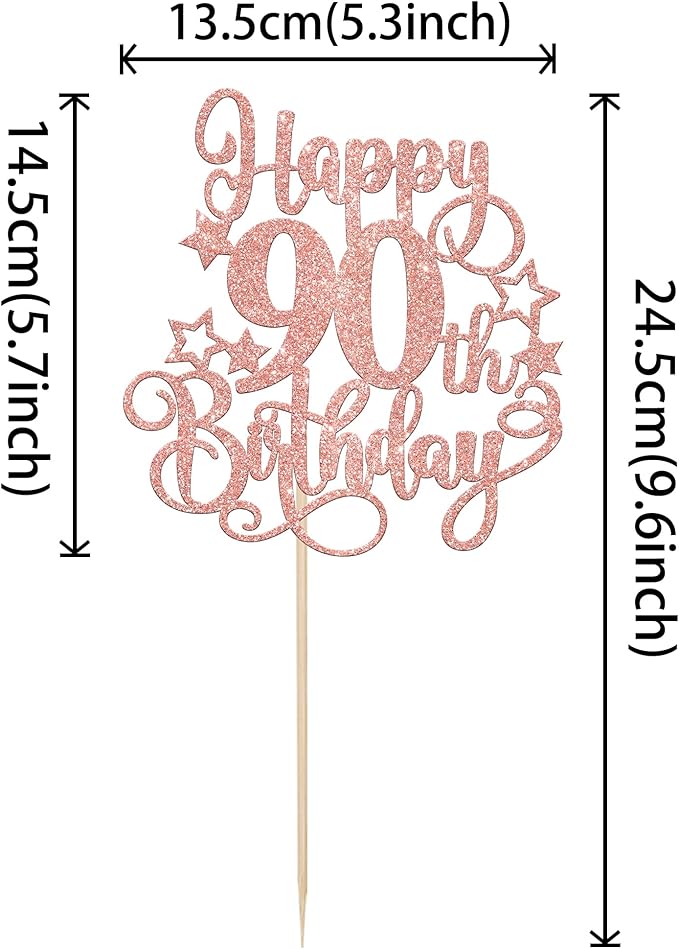 1 PCS Happy 90th Birthday Cake Topper Glitter Cheers to 90 Years Birthday Cake Pick Hello 90 Fabulous Cake Decoration for Happy 90th Birthday Anniversary Party Decorations Supplies Rose Gold