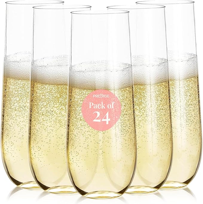 Prestee 24-Pack Stemless Champagne Flutes 9 oz - Clear Plastic Cups for Wine, Cocktails, and Mimosas - Elegant Disposable Flutes for Parties, Weddings, Birthdays, Holiday Dinners, and Celebrations