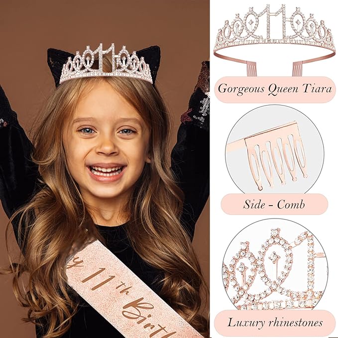 11th Birthday Decorations for Girls, 11th Birthday Sash and Crown, Cake Topper, Number Candles and Balloons, 11 Year Old Gifts for Girls
