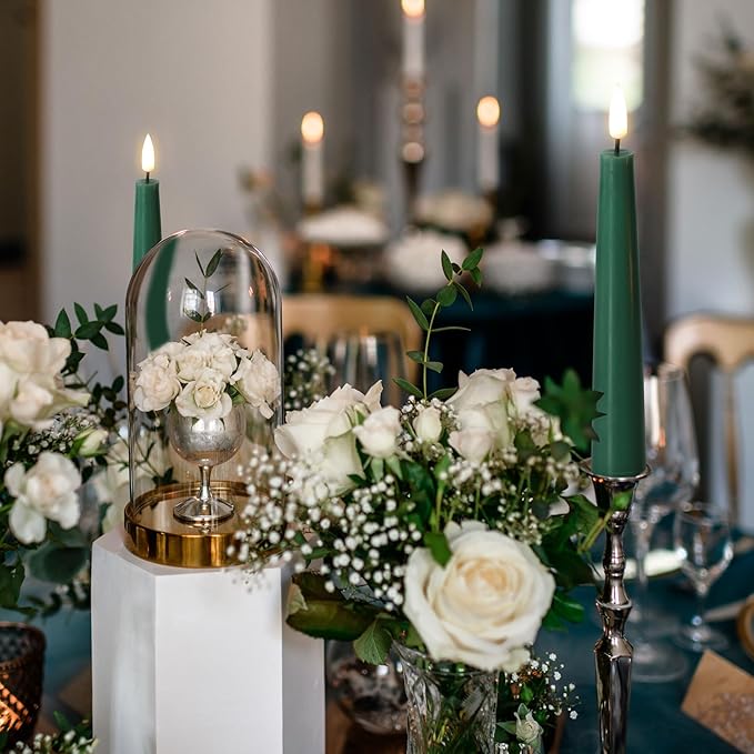 Eywamage Short Green Flameless Taper Candles with Remote, Flickering Christmas Battery LED Wax Candlesticks Set of 6