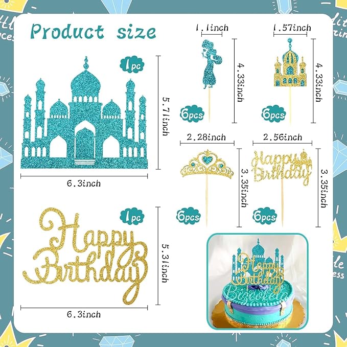 26Pcs Glitter Princess Cake Topper Set with Lake Blue Castle Gold Happy Birthday Cake Toppers Crown Cupcake Topper for Arabian Princess Birthday Baby Shower Costume Party Decor