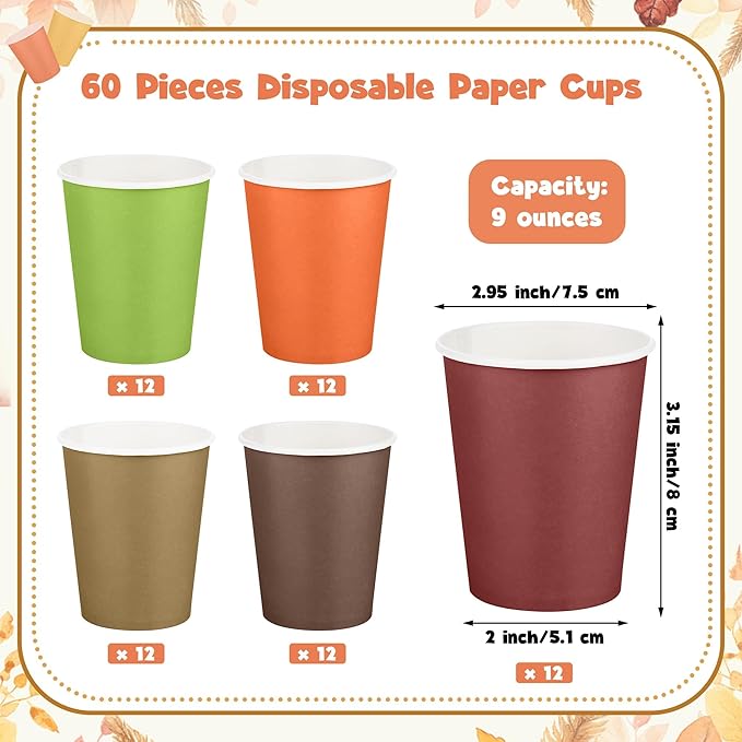 URATOT 60 Pieces 9 Ounce Disposable Paper Cups Autumn Color Party Cups Thanksgiving Fall Drinking Cups for Party, DIY, and Holiday, 5 Colors