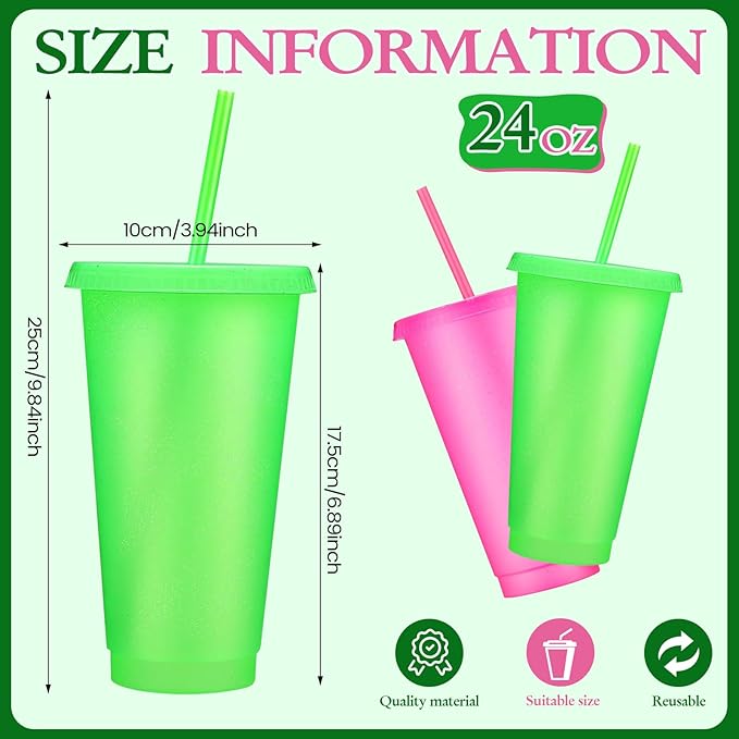 Honeydak 30 Pack Tumbler with Straw and Lid Bulk Cups for Gifts Glitter Plastic Coffee Cups 24-27 oz Reusable Water Bottle Iced Coffee Travel Mug Party Favors for Birthdays Travel (Pink and Green)