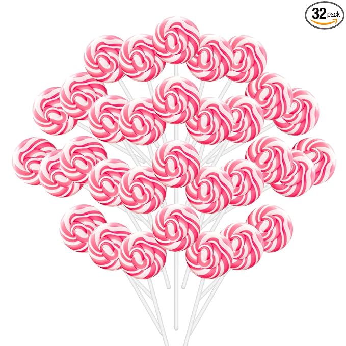 32 Counts Pink Swirl Lollipops, Princess Candy Individually Wrapped Suckers, Strawberry Flavor Suckers for Wedding Favors, Bridal Shower, Baby Girl Birthday Party, Valentines Day Gift, Gender Reveal