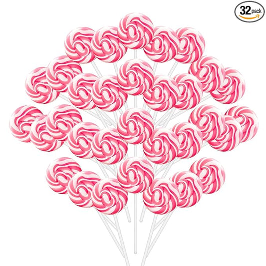 32 Counts Pink Swirl Lollipops, Princess Candy Individually Wrapped Suckers, Strawberry Flavor Suckers for Wedding Favors, Bridal Shower, Baby Girl Birthday Party, Valentines Day Gift, Gender Reveal