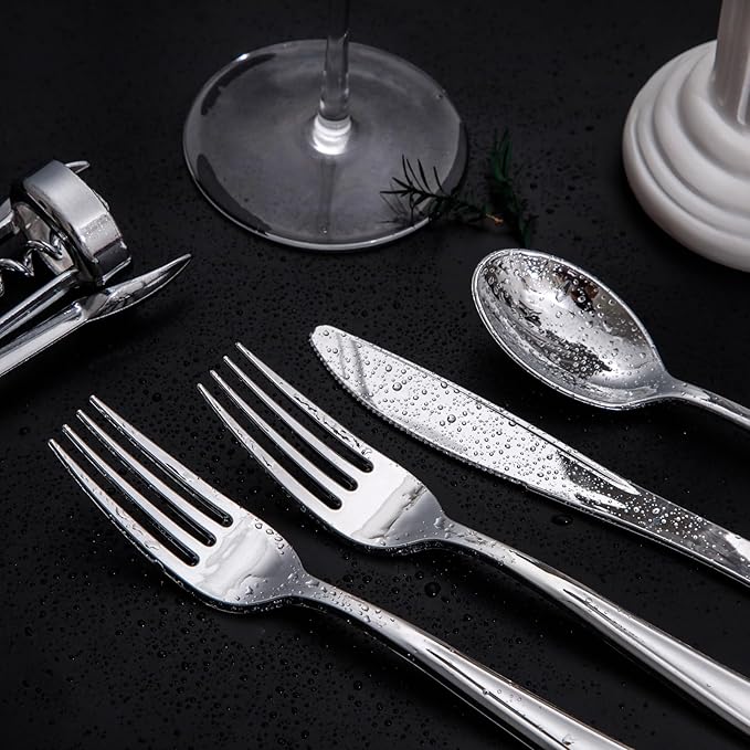 Nervure 300 Pack Silver Plastic Silverware - Disposable Silver Plastic Cutlery Set - Heavy Duty Silverware Include 150 Forks, 75 Knives, 75 Spoons Perfect for Parties, Dinners & Weddings