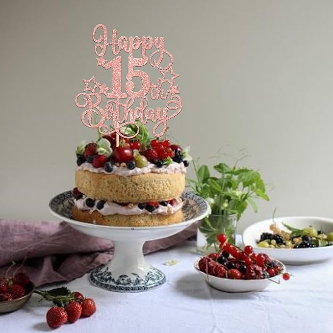 1 PCS Happy 15th Birthday Cake Topper Glitter Cheers to 15 Years Birthday Cake Pick Hello 15 Fabulous Cake Decoration for Happy 15th Birthday Anniversary Party Decorations Supplies Rose Gold