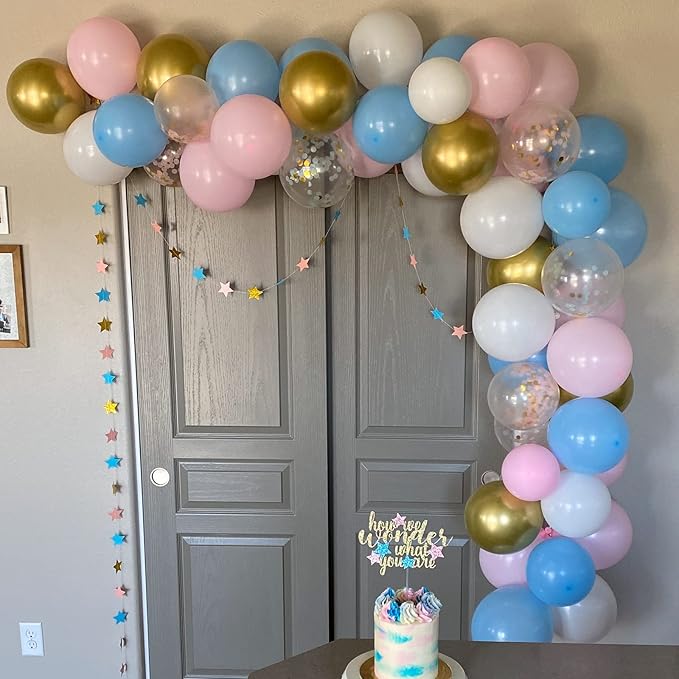 Balloons Pink and Blue, 60 Pack 12 Inch Pastel Light Pink Blue with Metallic Gold Confetti Balloons for Birthday, Gender Reveal, Baby Shower, Boy or Girl Party Decoration