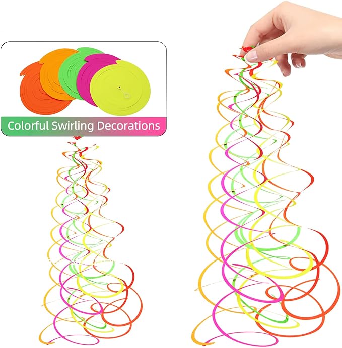 52 PCS UV Neon Rainbow Ceiling Swirl Decoration Hanging Neon Streamer for Ceiling Neon Garlands Black Light Neon Decorations for Dark Glow Party Supplies and Decorations Birthday Neon Party Favors