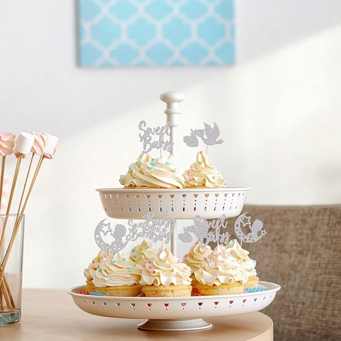 24Pcs Baby Shower Boy Cupcake Toppers Silver Glitter Moon Star Sweet Baby Boy Cupcake Picks Decorations for Gender Reveal Baby Shower Kids Boys Birthday Party Supplies