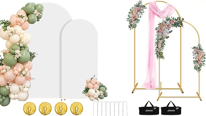 6FT, 7.2FT Wedding Arch Backdrop Stand and Cover Set of 2, Heavy-Duty Balloon Arch Stand with White Cover ＆ Water Weight Bags for Birthday, Baby Shower, Bridal Party Decor