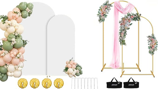 6FT, 7.2FT Wedding Arch Backdrop Stand and Cover Set of 2, Heavy-Duty Balloon Arch Stand with White Cover ＆ Water Weight Bags for Birthday, Baby Shower, Bridal Party Decor