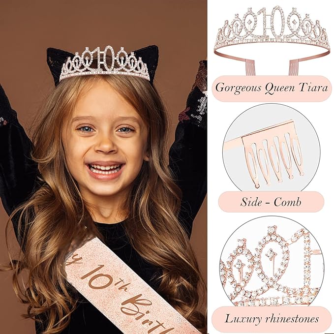 10th Birthday Decorations for Girl, 10th Birthday Sash and Crown, Cake Topper, Number Candles and Balloons, 10 Year Old Gifts for Girls