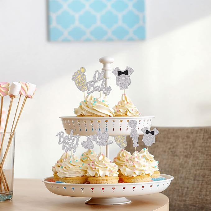 Ephlyn 24Pcs Boy Silver Cake Toppers - It's a Boy Cupcake Toppers, Baby Shower Theme Party Supplies, Upgrade Quality Guarantee