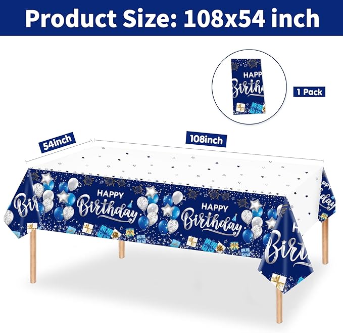 DUAIAI Happy Birthday Decorations, 1 Pcs Navy Blue and Silver Birthday Tablecloth for Boys Girls Men Women, Plastic Disposable Rectangle Table Cover for Birthday Party Supplies- 54" x 108"