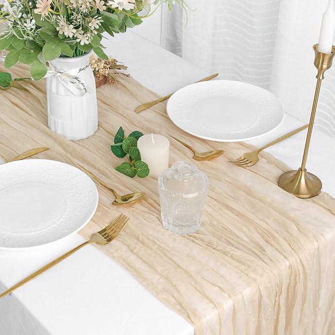 FEXIA 6 Pack Beige Gauz Table Runner 35x120 Inches for Centerpiece Table Decorations Ivory Cheesecloth Rustic Boho Table Runner for Bridal Shower Wedding Party First Communion Centerpiece Engagement
