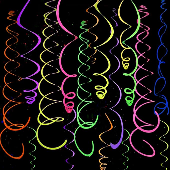 56 PCS UV Colorful Ceiling Swirl Decoration Hanging Paper Neon Streamer for Ceiling Neon Garlands Black Light Neon Decorations for Dark Glow Party Supplies and Decorations Birthday Neon Party Favors