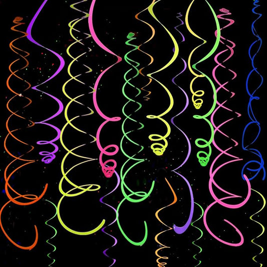 56 PCS UV Colorful Ceiling Swirl Decoration Hanging Paper Neon Streamer for Ceiling Neon Garlands Black Light Neon Decorations for Dark Glow Party Supplies and Decorations Birthday Neon Party Favors