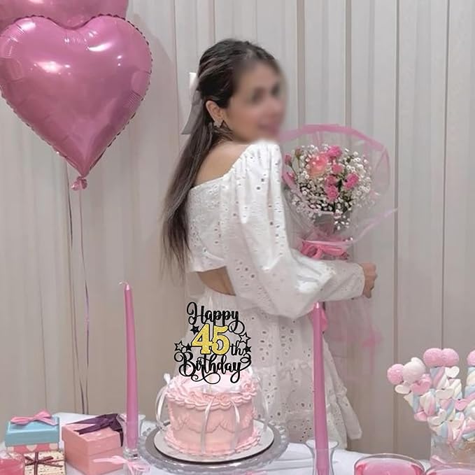 1 PCS Happy 45th Birthday Cake Topper Black Gold Glitter Cheers to 45 Years Birthday Cake Pick Hello 45 Fabulous Cake Decoration for Happy 45th Birthday Anniversary Party Decorations Supplies