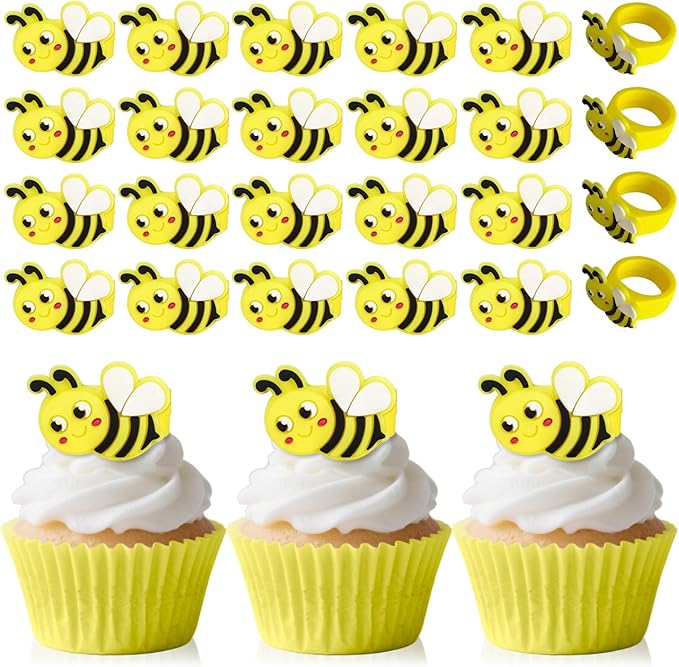 24 PCS Bee Cupcake Toppers Cupcake Rings Birthday Cupcake Toppers Bee Cupcake Picks Cake Decorations Supplies for Bee Theme Baby Shower Party