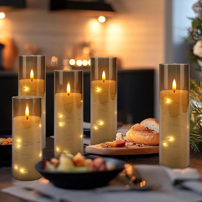 24-Pack Gray Flameless Candles with Remote Control, Battery-Powered LED Candles with Embedded Star String Lights & Realistic Flickering Flame. with Timer for Christmas, Home, Wedding, Fireplace Mantle