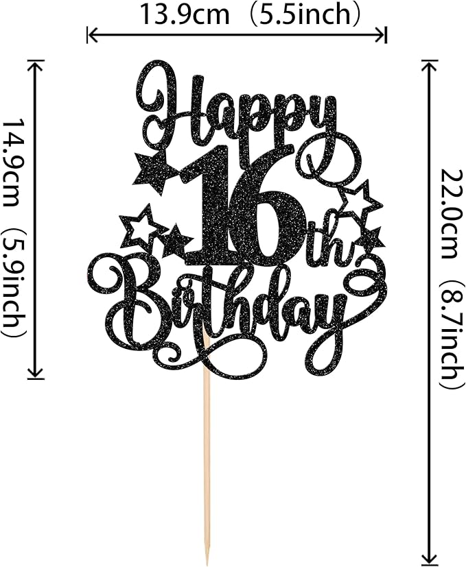 1 PCS Happy 16th Birthday Cake Topper Glitter Cheers to 16 Years Birthday Cake Pick Hello 16 Fabulous Cake Decoration for Happy 16th Birthday Anniversary Party Decorations Supplies Black