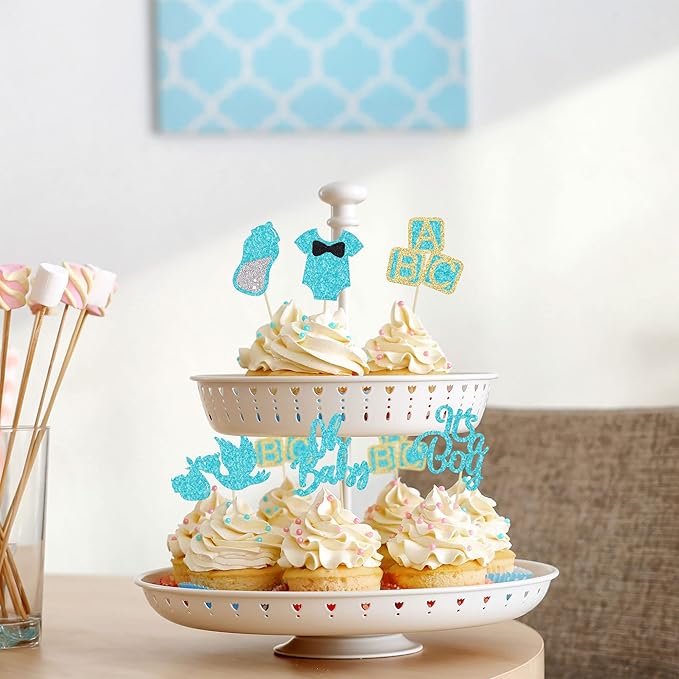 24Pcs Oh Baby Cupcake Toppers Blue Glitter It's a Boy Cupake Toppers with Swan Onesie Bottle Baby Shower Gender Reveal Cupcake Picks Decorations for Kids Boys Birthday Party Cake Decorations Supplies