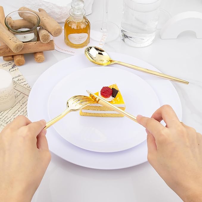 PULOTE 150PCS Thanksgiving Gold Plastic Silverware Disposable - Heavy Duty Gold Plastic Cutlery - Gold Plastic Utensils Set Include 50 Knives,50 Forks,50 Spoons for Party&Wedding