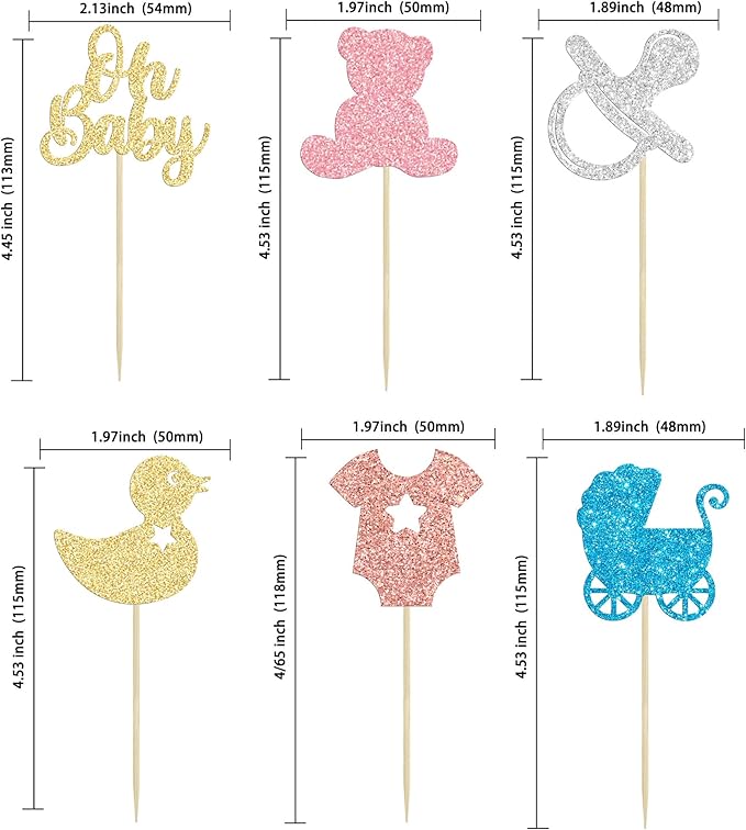 Gyufise 36Pcs Baby Shower Cupcake Toppers Glitter Oh Baby Cupcake Picks Bear Pacifier Baby Carriage Gender Reveal Cake Decorations for Baby Shower Kids Birthday Party Supplies Colorful