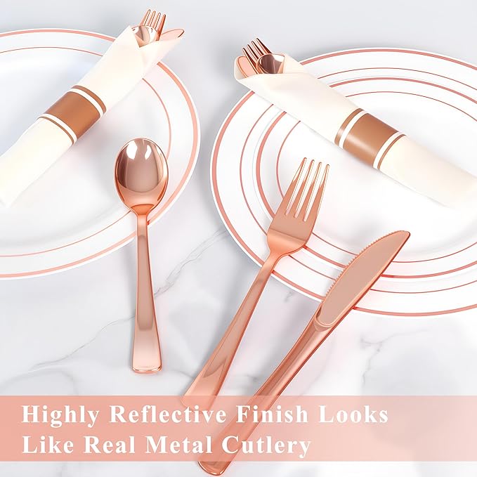 100 Pack Pre Rolled Rose Gold Plastic Silverware Set,Wrapped Plastic Cutlery Set with Napkin Include 100 Forks,100 Spoons,100 Knives and 100 White Napkins for Party, Wedding,showers