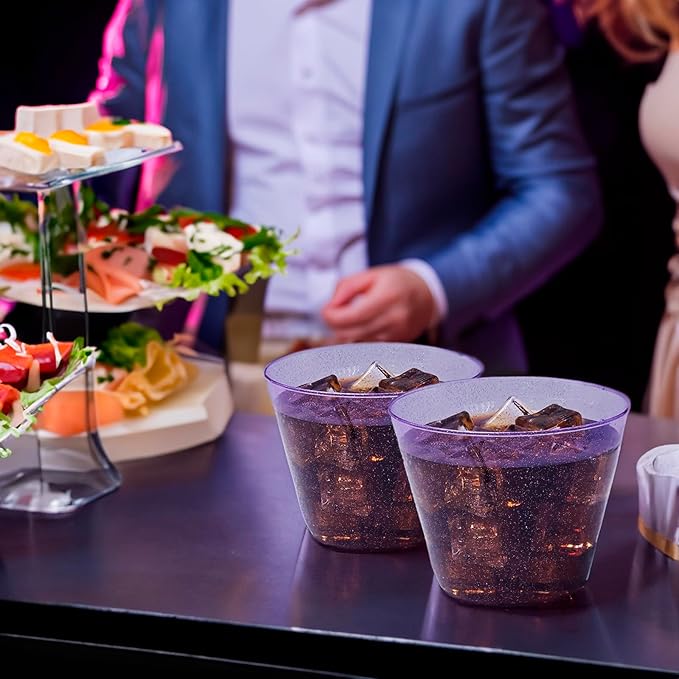 100 Purple Glitter Plastic Cups and 1 Silver Ice Tong Set - 9 Ounce Disposable Cocktail Glasses - Plastic Wine Cups - Purple Party Decorations - Purple Party Supplies