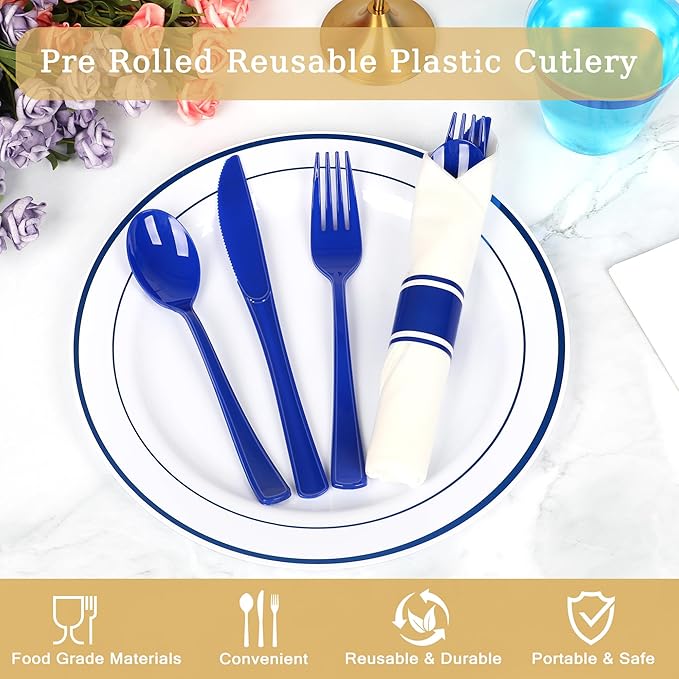 50 Pack Pre Rolled Blue Plastic Silverware Set,Wrapped Plastic Cutlery Set with Napkin Include 50 Forks,50 Spoons,50 Knives and 50 White Napkins for Party,Wedding,Christmas