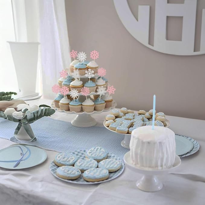 36Pcs Snowflake Cupcake Toppers Glitter Winter Theme Snowflake Cupcake Picks Merry Christmas Happy New Year Christmas Cake Decor Birthday Party Cake Decorations Supplies Pink Silver