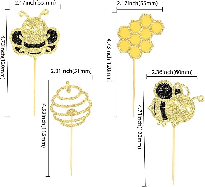 24Pcs Bumble Bee Cupcake Toppers Glitter Heart Honeycomb Bee Cupcake Picks BaBy Shower Cake Decorations for Bee Theme Baby Shower Kids Birthday Party Supplies
