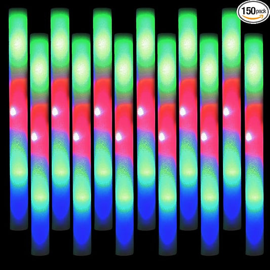 150 LED Party Foam Light Sticks Batons Wand for Wedding, Parties, Birthdays, Guests, Party, DJ, Concerts, Festivals, Events, Promotions Party Favors 3 Color Lighting Modes Batteries 16"