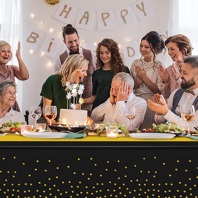 1Pcs Black and Gold Tablecloth Party Decorations,Plastic Black Table Cloth Printed Gold Table Runner Disposable Rectangle Tables Cover for Birthday Retirement Anniversary Graduation Party,54 x108 Inch