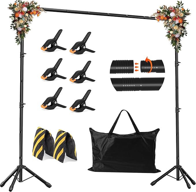 JSungo 10x8.5 FT Backdrop Stand for Parties, Adjustable Photo Backdrop Stand Kit with Carrying Bag, Portable Background Stand Backdrop for Wedding, Photoshoot, and Photo Studio