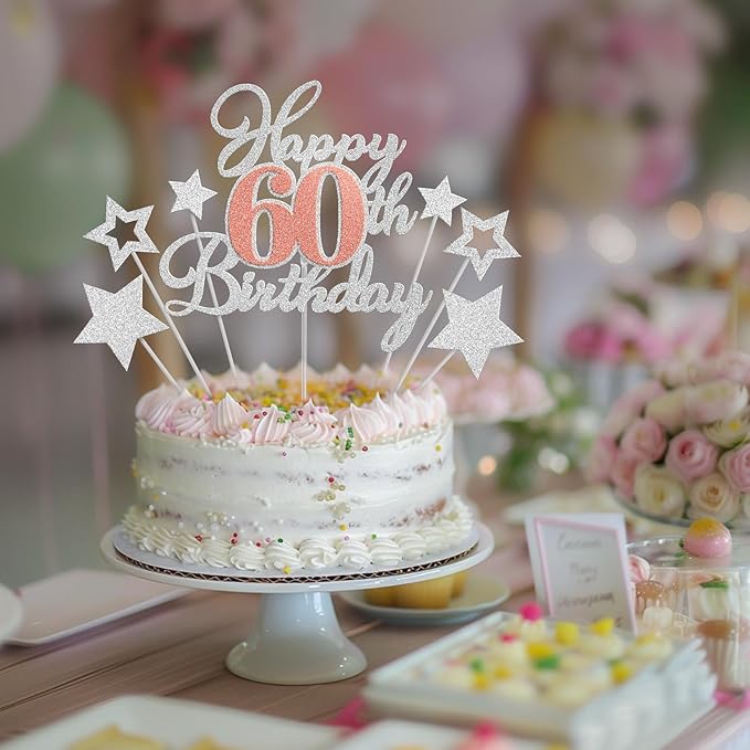 Happy 60th Birthday Cake Toppers, Rose Gold Silver Glitter Cake Decorations Set, 60th Birthday Decor, Birthday Anniversary Party Decorations Supplies