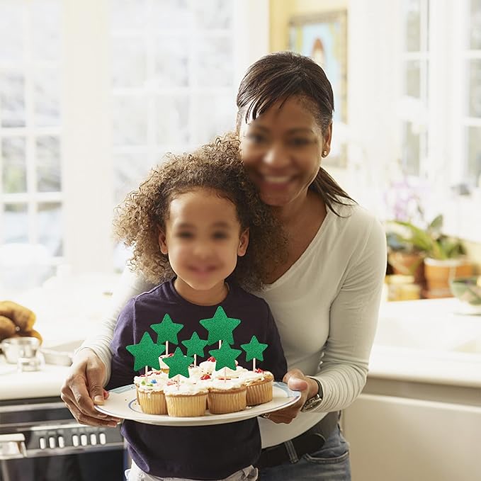 30 PCS Star Cupcake Toppers Glitter Assembled Twinkle Star Cupcake Picks Wedding Engagement Bridal Shower Birthday Party Cake Decorations Supplies Mixed Size Green