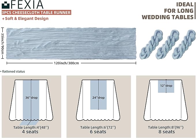 FEXIA 3 Pack Dusty Blue Table Runner 35x120 Inches for Baby Shower Decoration Gauze Rustic Table Runner for Wedding Party First Communion Centerpiece Engagement Bridal Shower Boho Decoration