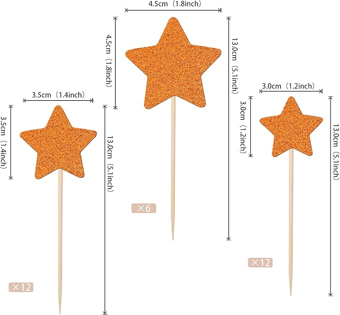 30 PCS Star Cupcake Toppers Glitter Assembled Twinkle Star Cupcake Picks Wedding Engagement Bridal Shower Birthday Party Cake Decorations Supplies Mixed Size Orange