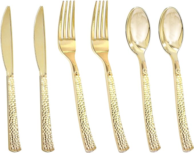 Nervure 300PCS Gold Hammered Plastic Silverware - Heavy Duty Plastic Cutlery - Gold Disposable Utensils Includes 100 Forks, 100 Knives, 100 Spoons Perfect for Wedding & Party