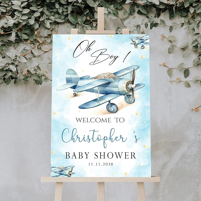 Editable Baby Shower Welcome Sign, Oh Boy Baby Shower Decorations For Boy, Airplane And Star Baby Shower Sign Decorations, Blue And White Baby Shower Theme, Luxury Baby Shower Welcome Sign