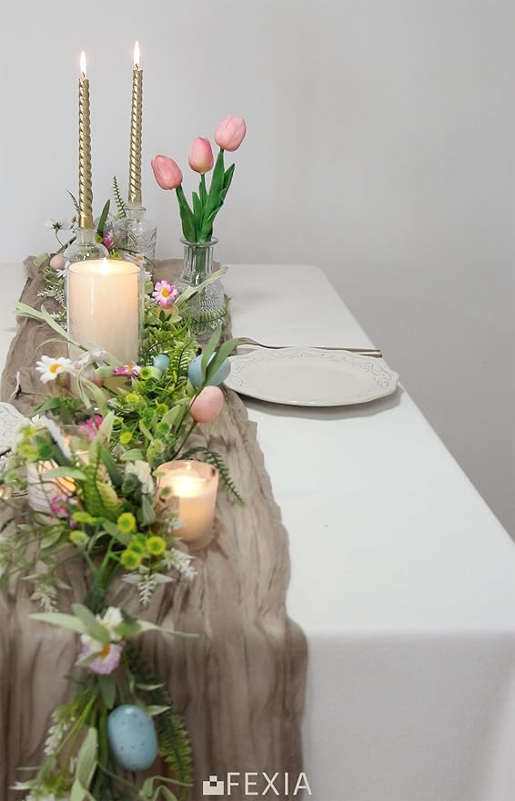 FEXIA 10 Pack Nude Table Runner 35x120 Inches Gauze Table Runner for Bridal Shower Wedding Party First Communion Centerpiece Engagement Boho Table Decoration (Nude)