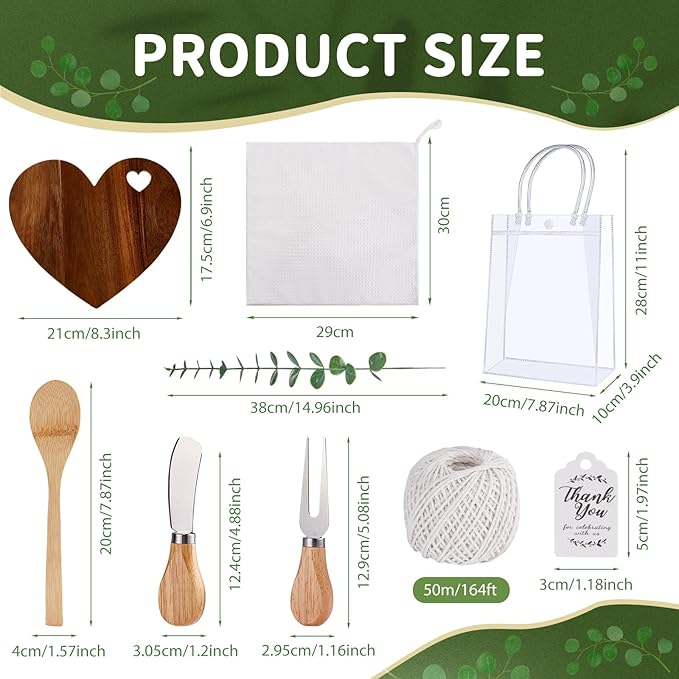 55Pcs Baby Shower Prizes for Game Winners 6 Sets Charcuterie Board with Spoons Butter Spreaders Forks Plaid Towel Thanks Card and Gift Bags for Bridal Shower Favors Party (Heart Shaped)